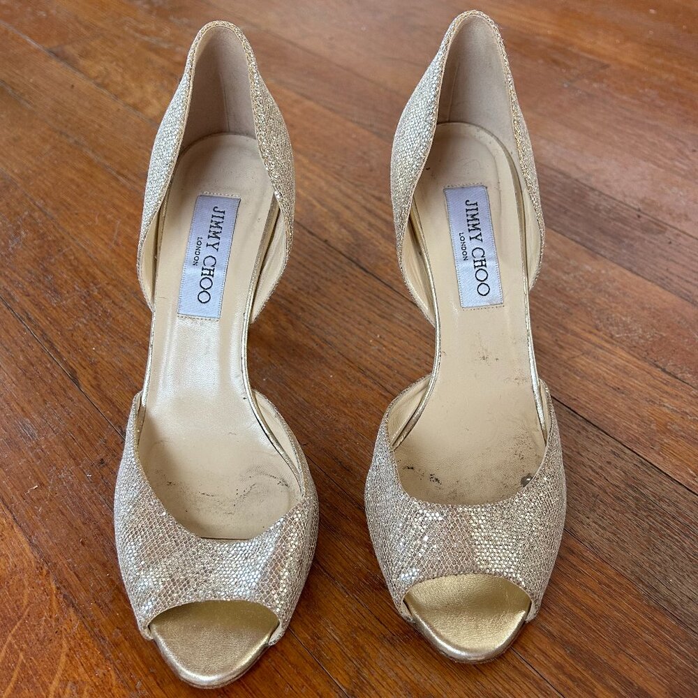 Jimmy Choo Gold Metallic Open-Toe Heels Size Size 38 (7.5)